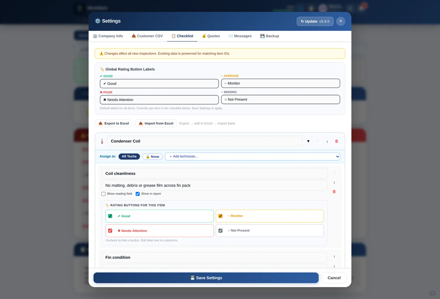 WorkMark checklist builder with editable sections, items and rating labels