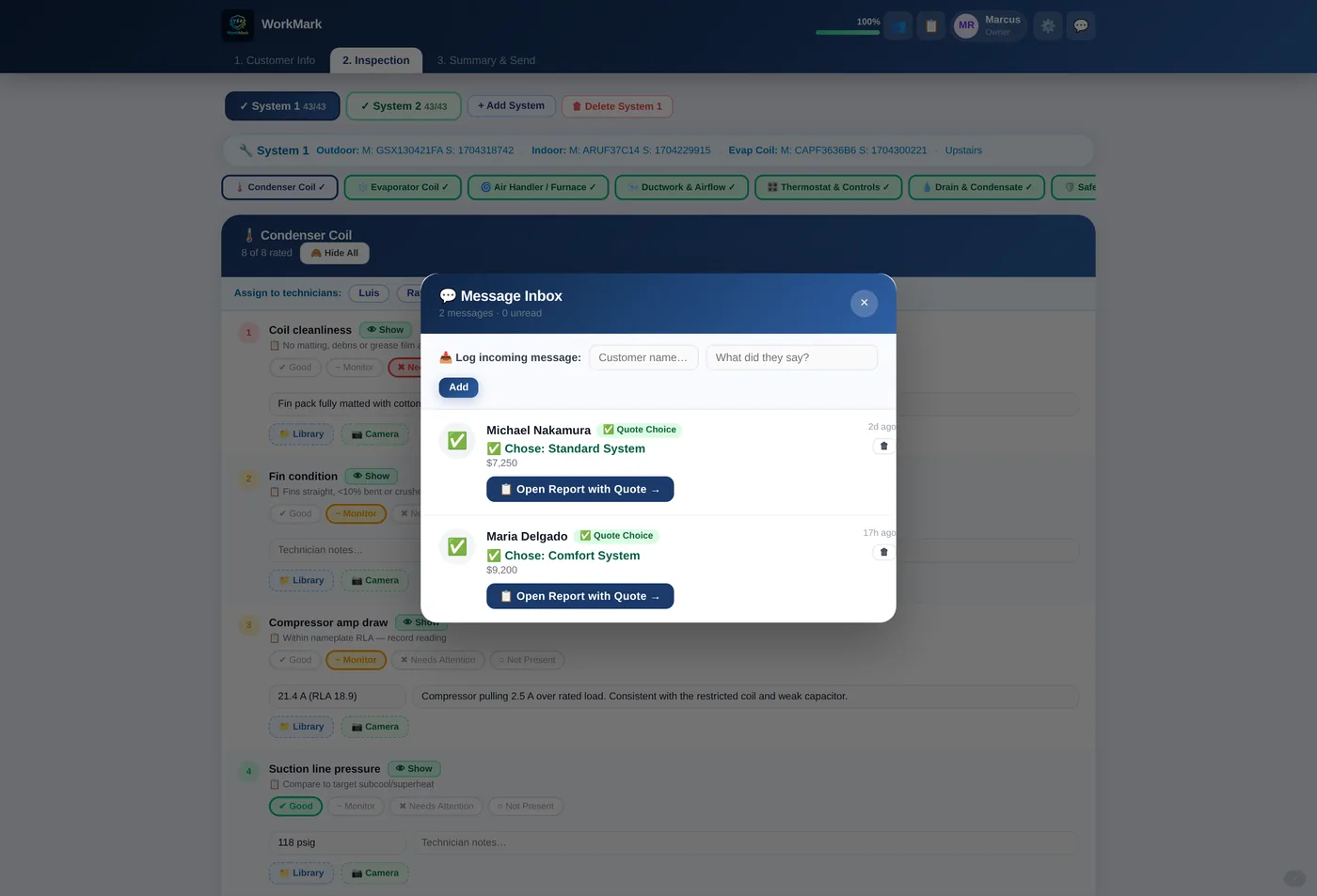 WorkMark message inbox showing customers who selected a quote option