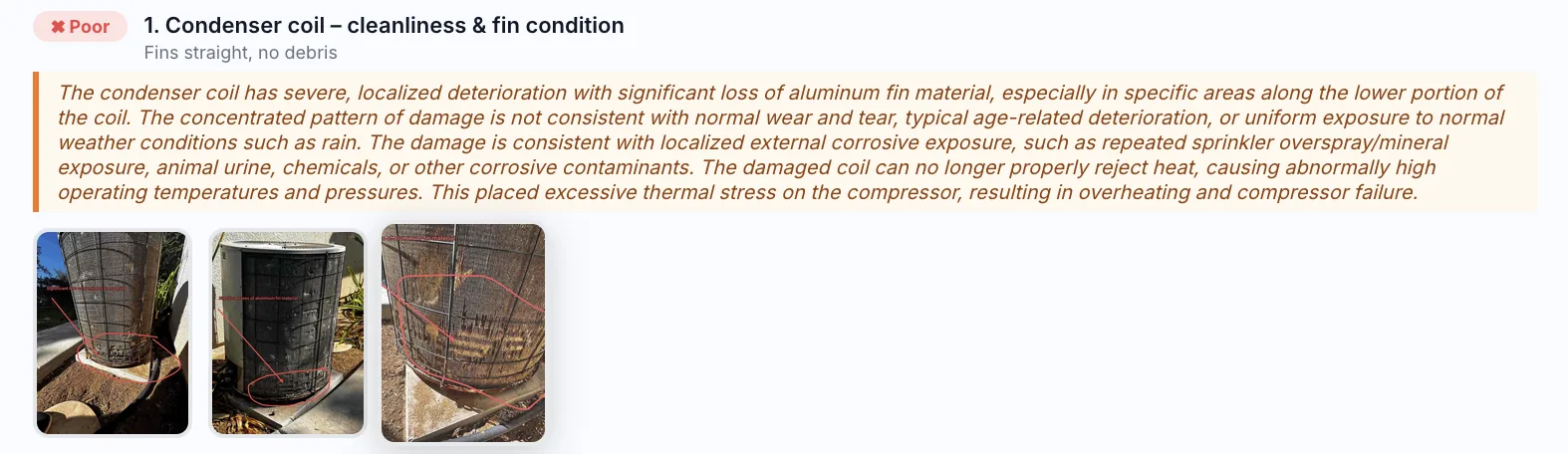 Condenser coil finding rated Poor with narrative and three annotated photos on the customer report